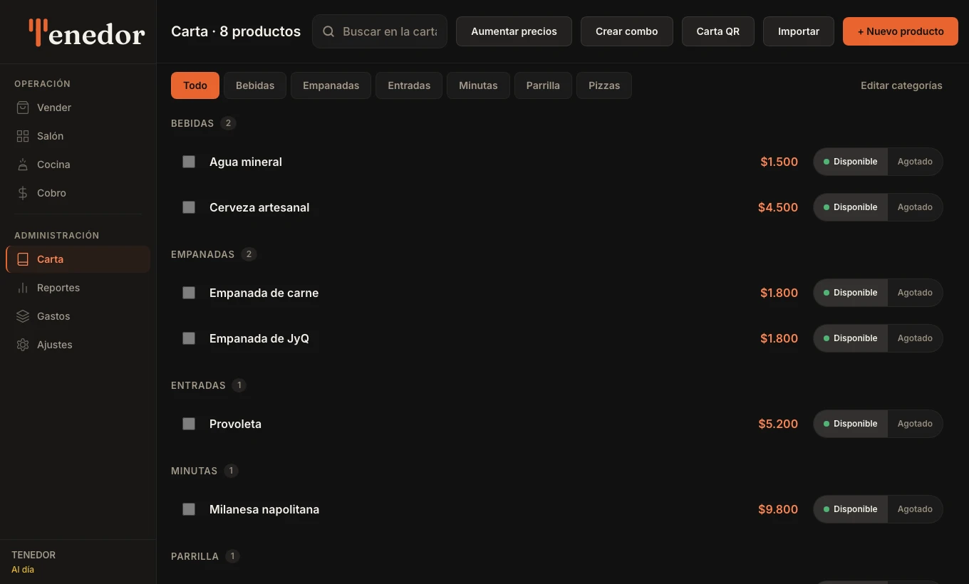 Pantalla Carta de TENEDOR con la carta ya cargada: los productos agrupados por categoría, con su precio y su interruptor de disponible o agotado.