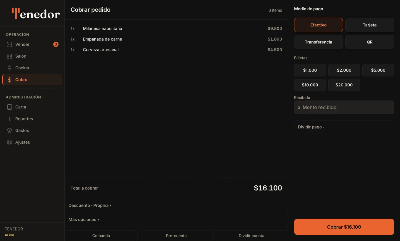 Pantalla Cobro de TENEDOR: el detalle del pedido, los medios de pago disponibles y el total a cobrar.