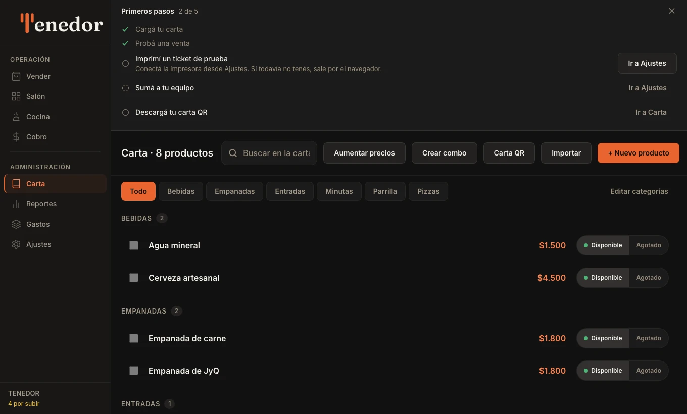 El panel de Primeros pasos de TENEDOR sobre la pantalla Carta: dice 2 de 5, con Cargá tu carta y Probá una venta ya tildados, y los pasos de imprimir un ticket, sumar al equipo y descargar la carta QR pendientes.