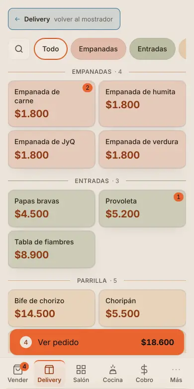 La carta de TENEDOR en modo delivery, con la barra inferior Ver pedido y el total de $18.600.