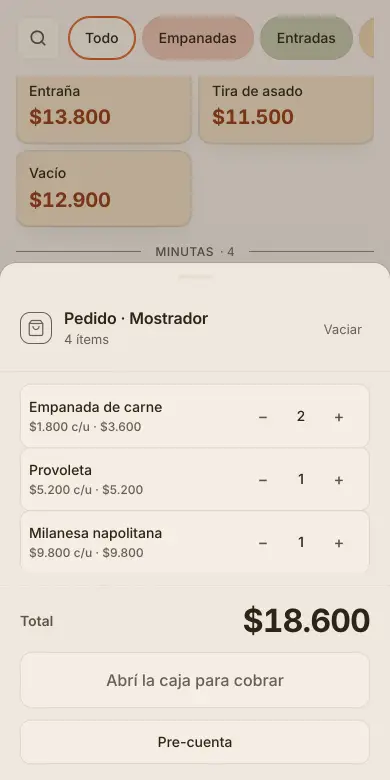 Pantalla de TENEDOR con un pedido de mostrador armado: los productos, sus cantidades y el total de $18.600.
