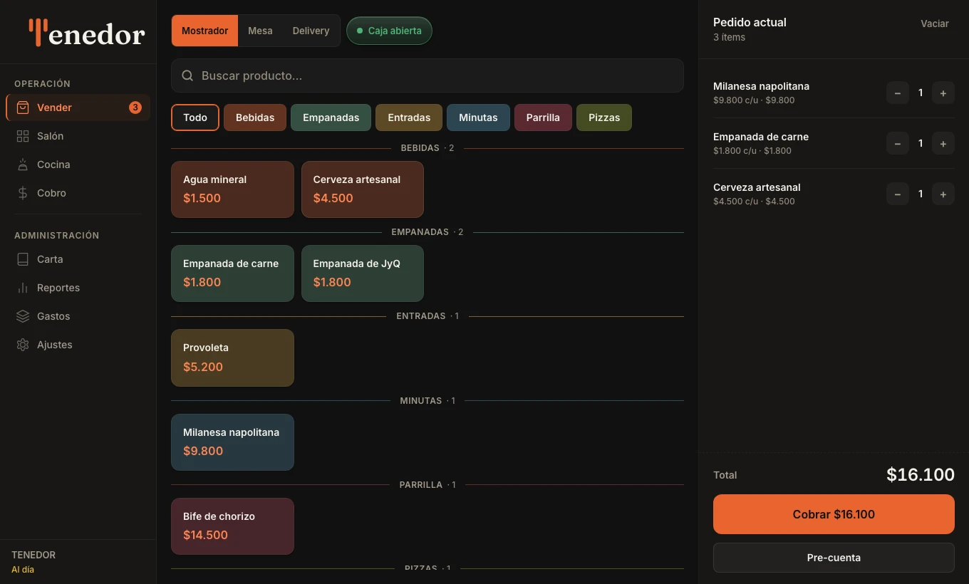 Pantalla Vender de TENEDOR: la carta agrupada por categorías de color, y a la derecha el pedido actual con tres productos y el botón de cobrar por $16.100.